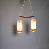 Mid-Century Teak and Opaline Glass Pendant Lamp, 1960s