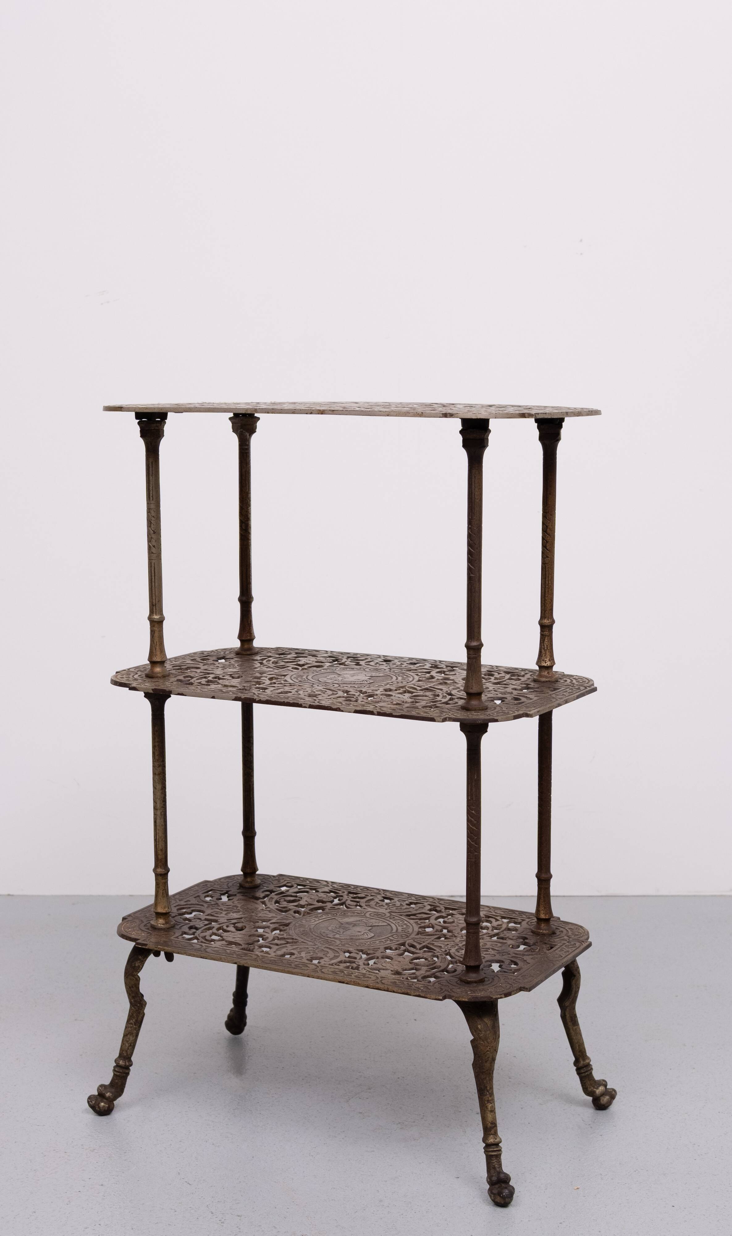 Antique Ornate Cast Iron French Brass 3 tier side table.