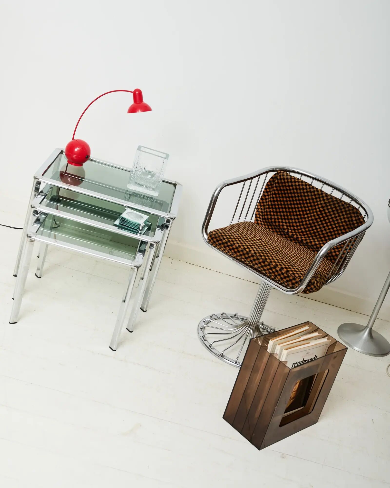 Nest tables in chrome and smoked glass, Italy, 1970s.