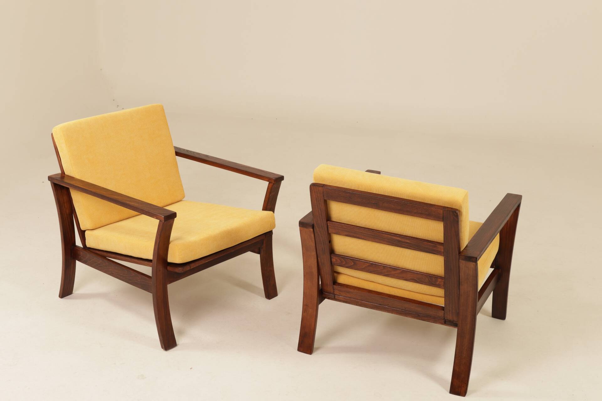 Pair of vintage curved beech armchairs, refurbished – Corduroy fabric