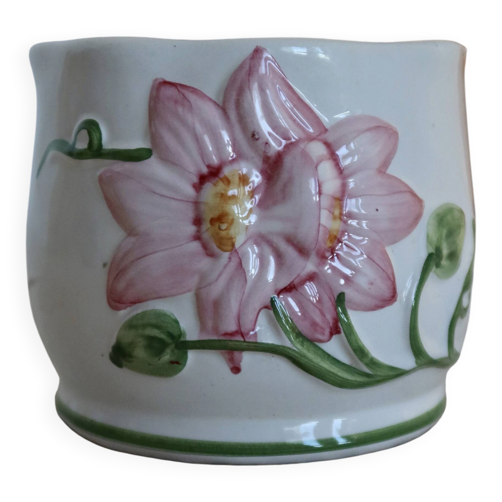 Petit cache pot vintage faience motif barbotine fleur rose