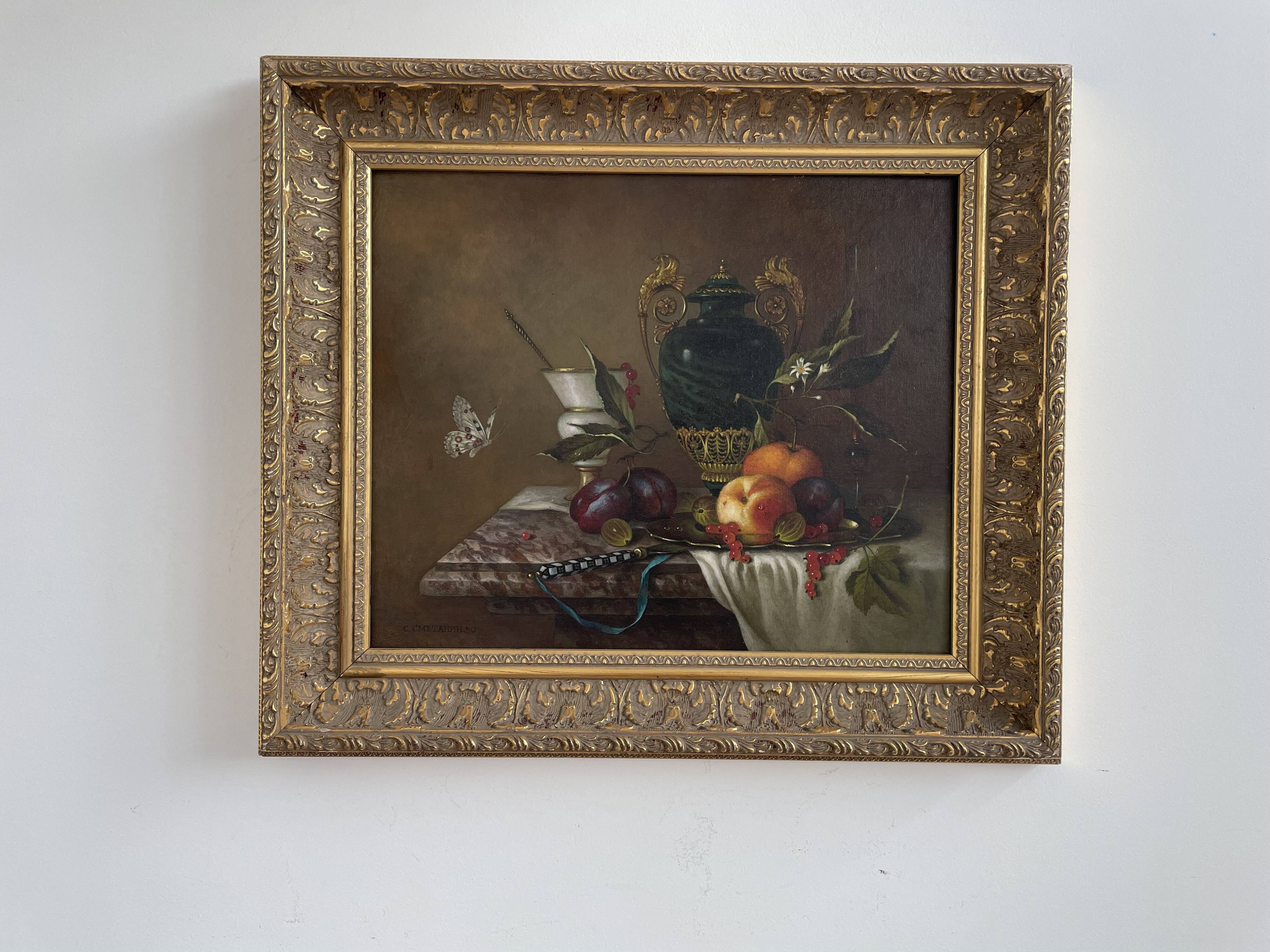 Oil painting, sergei smetanin, still life with marble vase, signed, gilded wood frame, russia