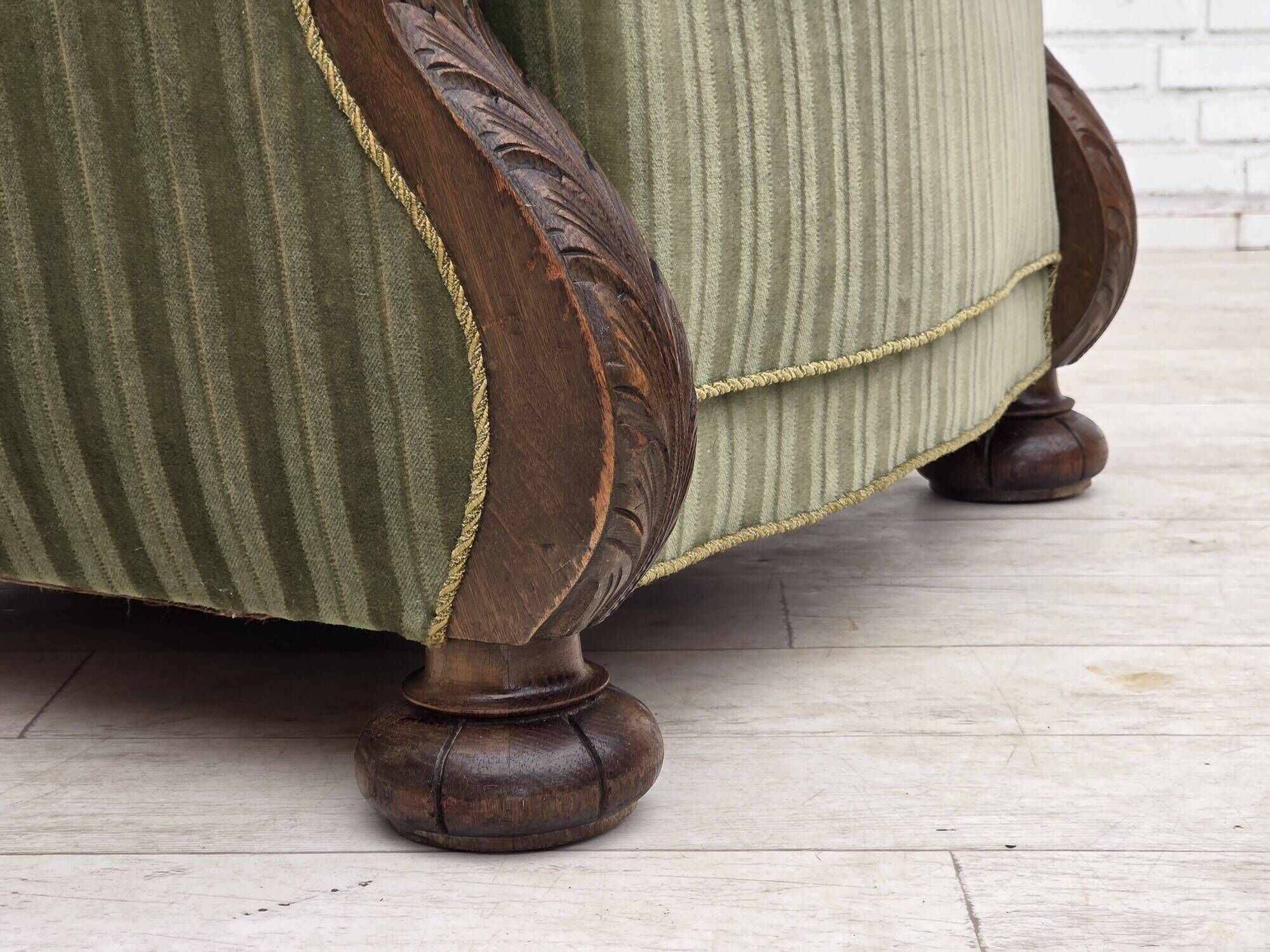 1950s, Danish relax armchair, green furniture velour, carved oak wood.