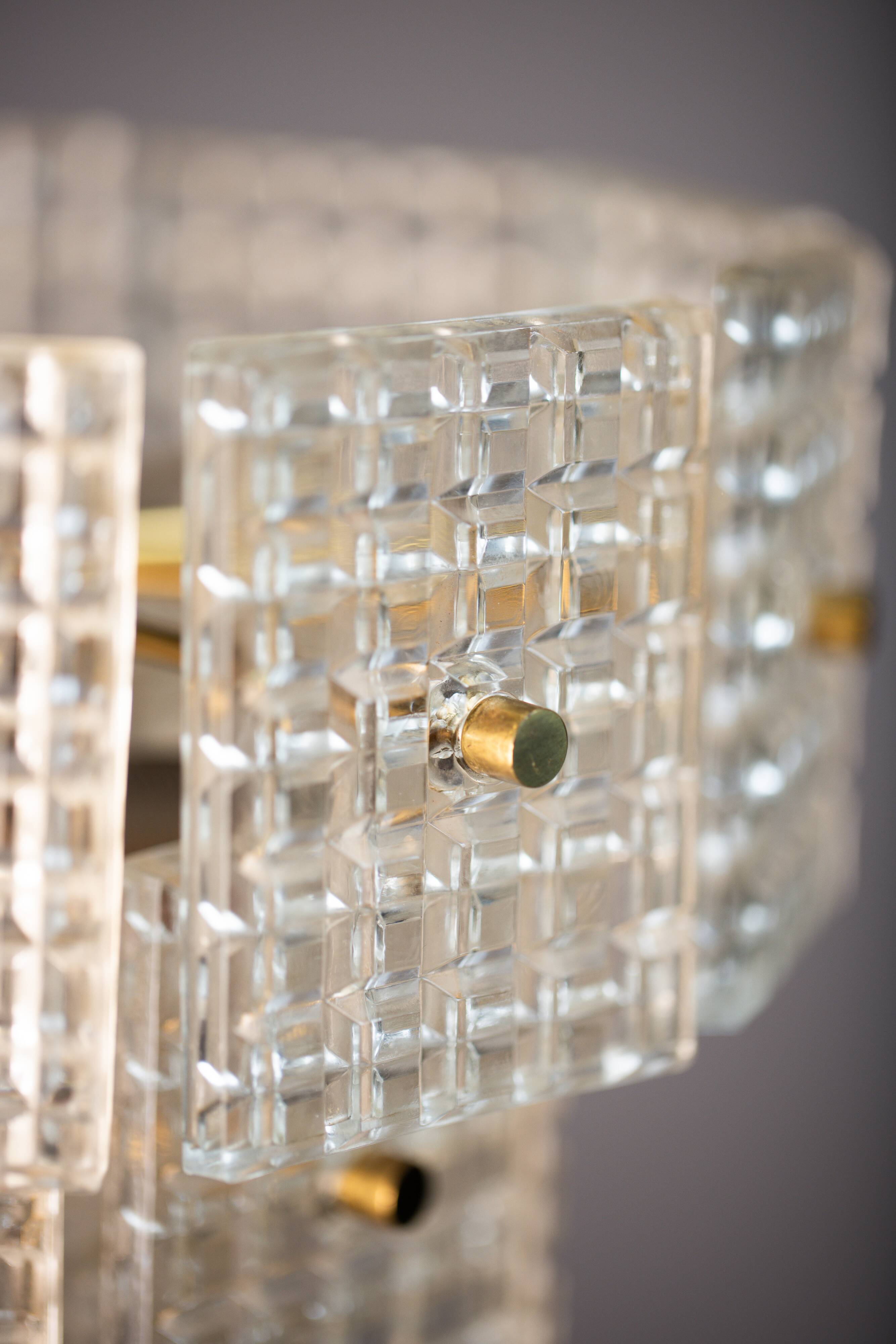 Vintage Embossed Glass Chandelier: 1970s Brass Pendant Lamp