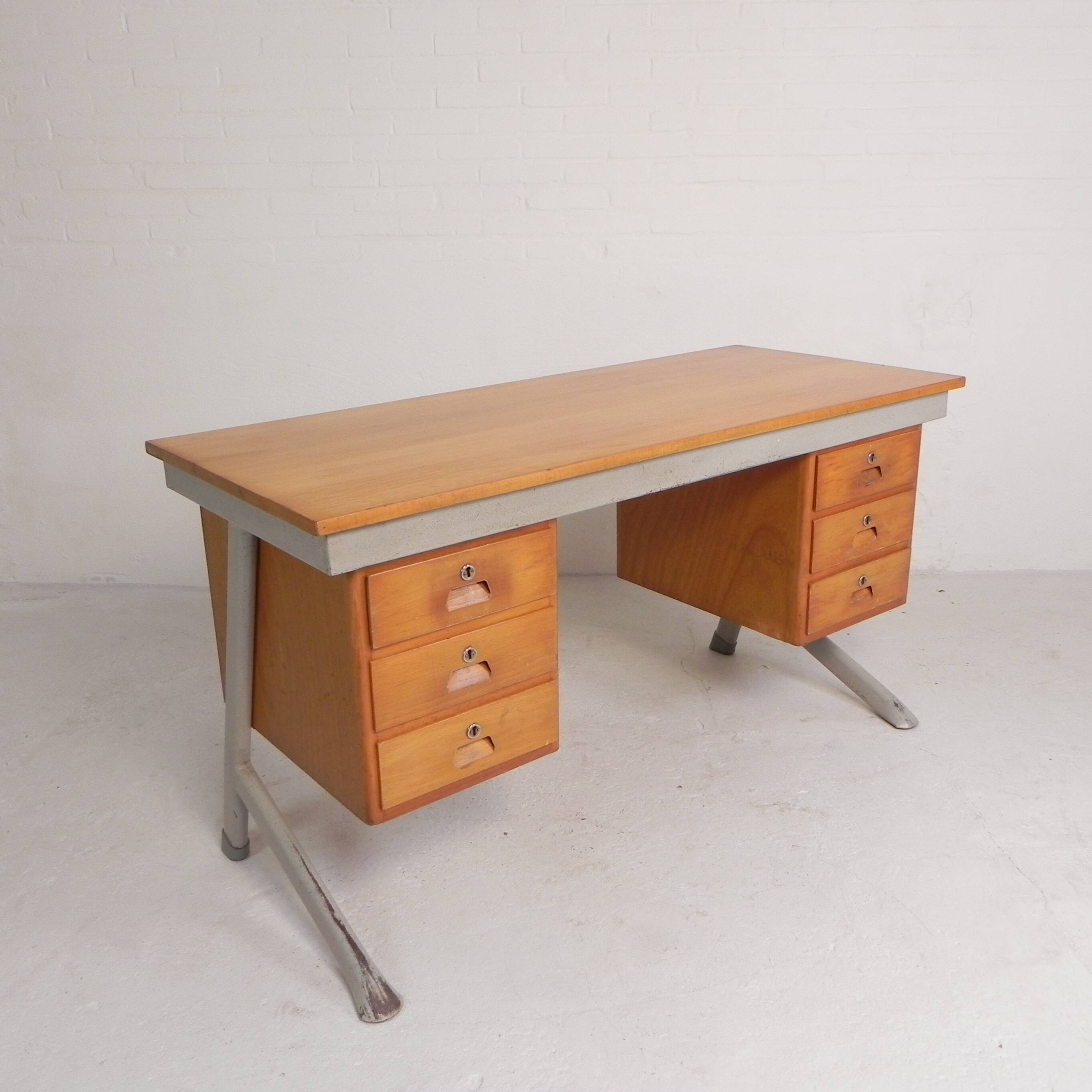 Industrial desk with 2 drawer units, 1960s.