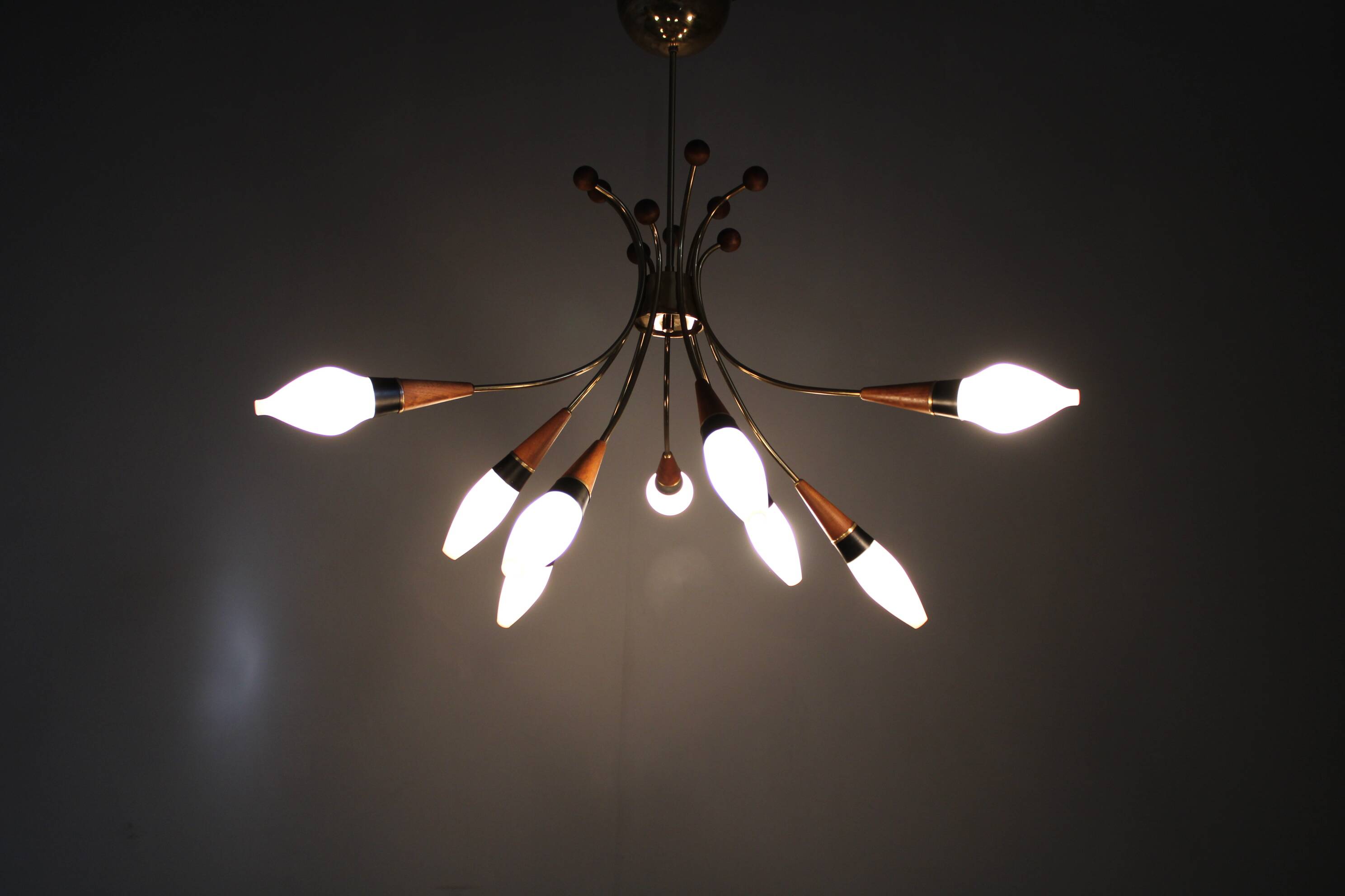 1960s Rupert Nikoll Brass and Teak Opaline Glass Chandelier, Austria