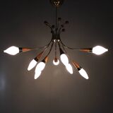 1960s Rupert Nikoll Brass and Teak Opaline Glass Chandelier, Austria