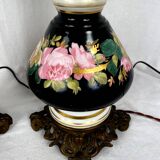 Pair of electrically mounted kerosene lamps, porcelain decorated with roses