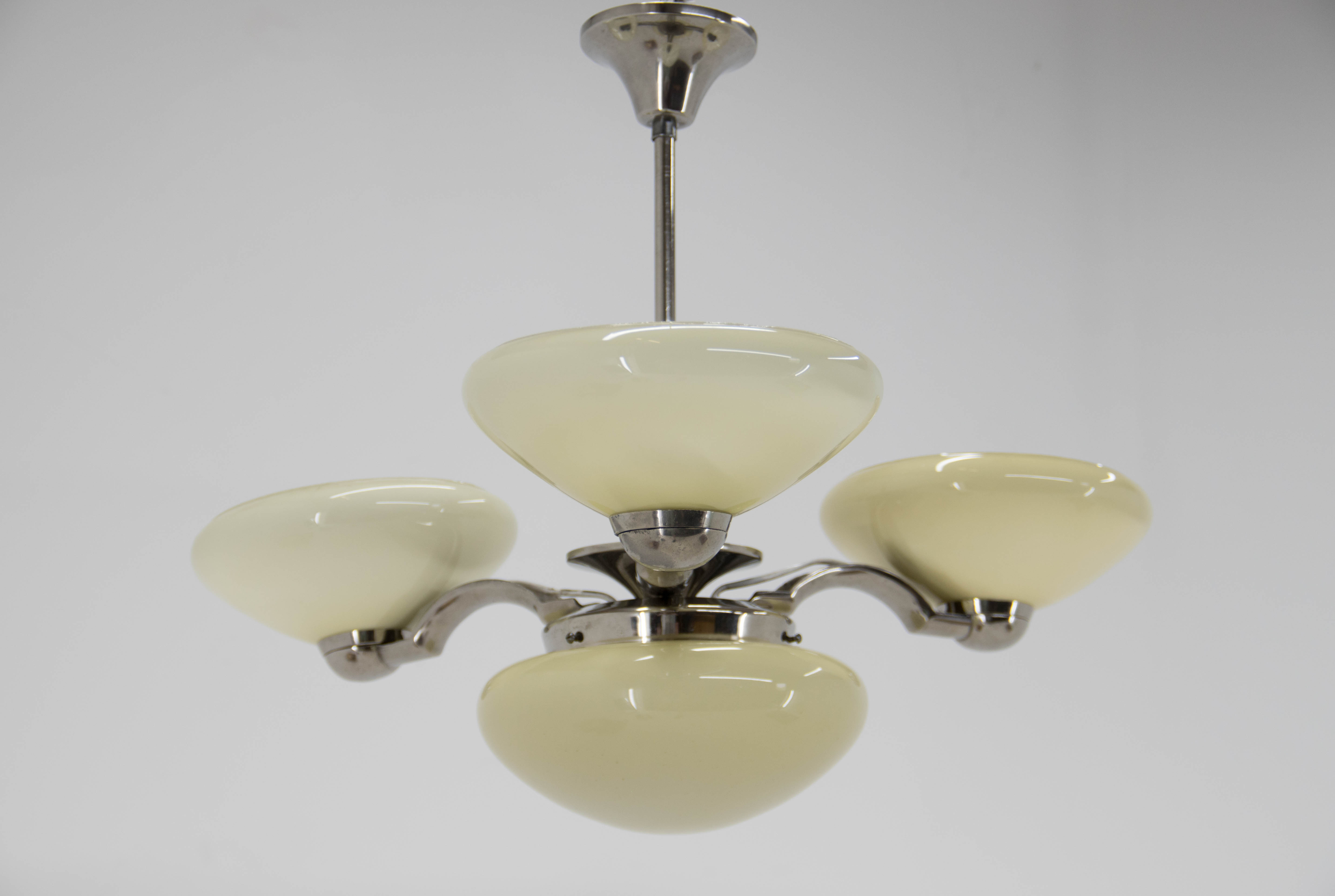 Art deco nickel and glass chandelier, 1930s