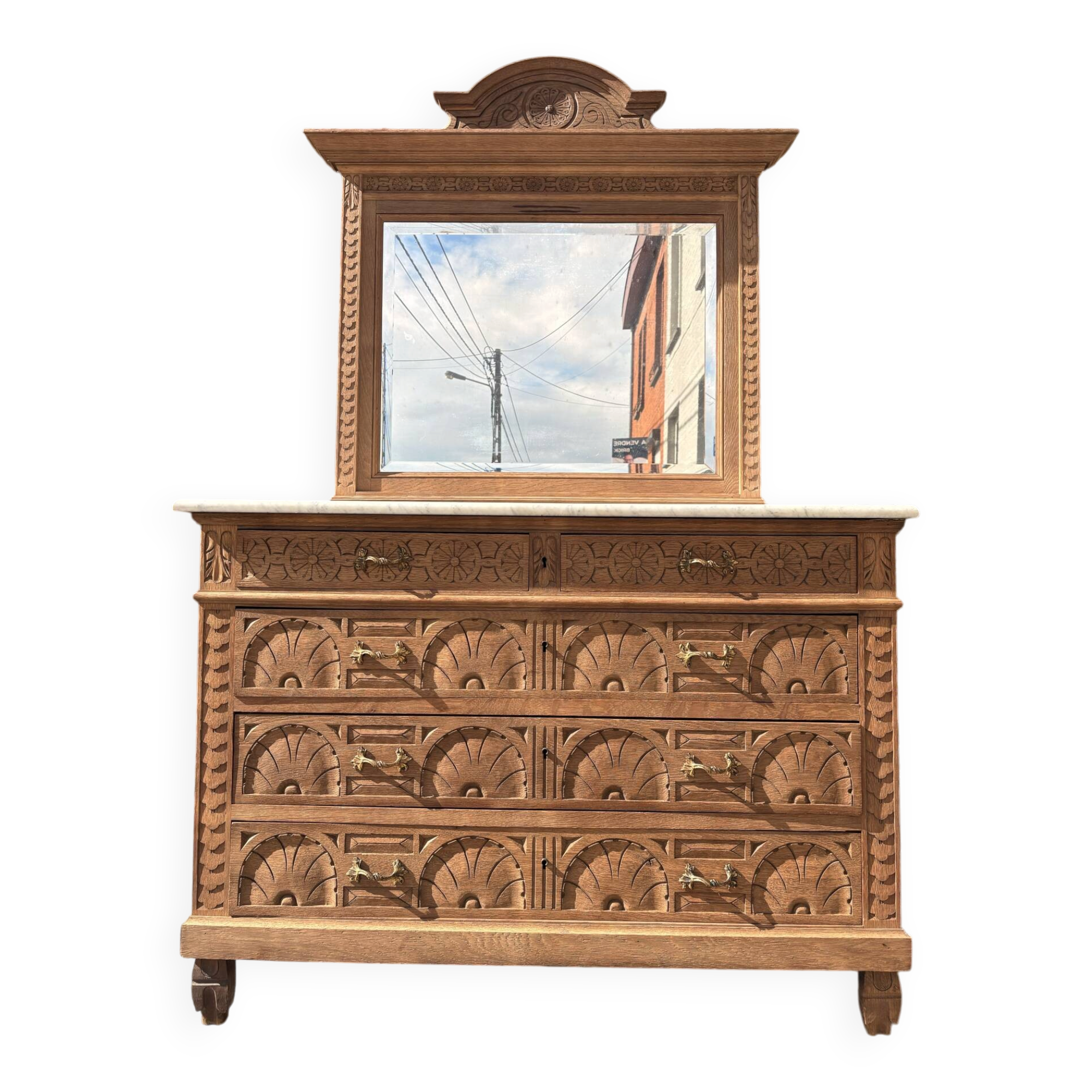 Solid oak chest of drawers with a marble top and original mirror.
