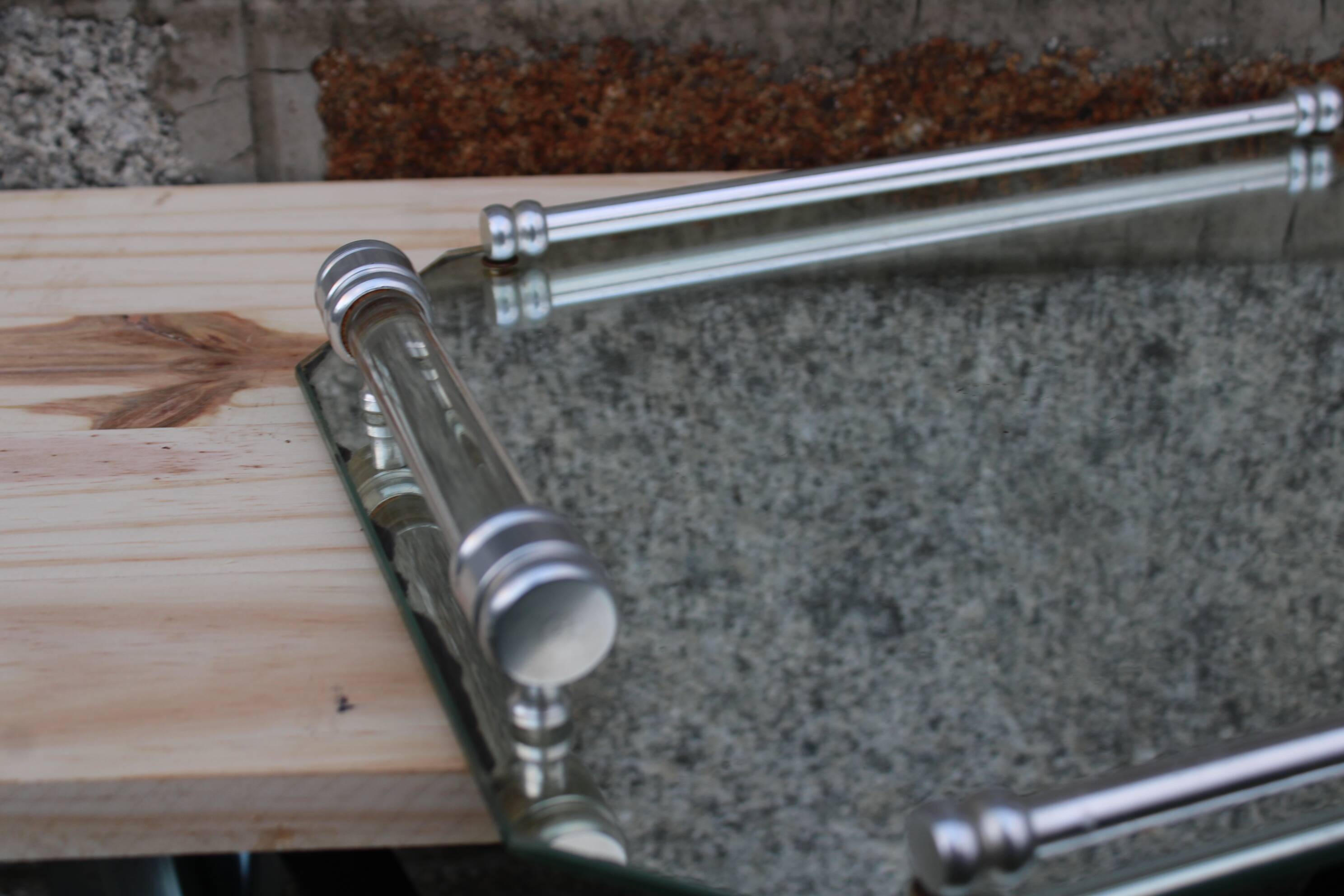 Vintage mirrored tray with glass and metal handles – H5 × W39 × D30 cm