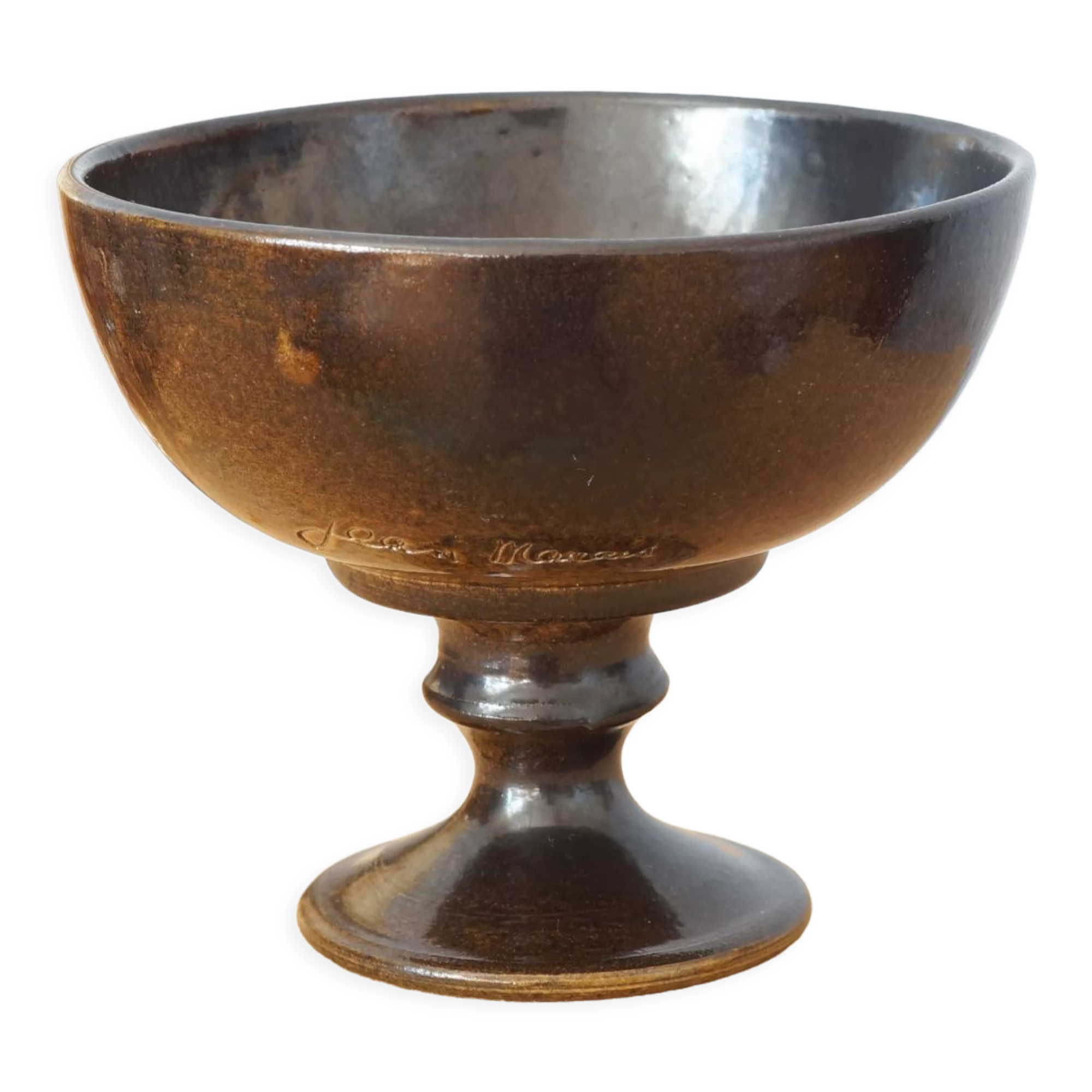 Brown cut on glazed ceramic pedestal signed Jean Marais, 70s
