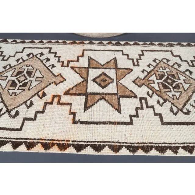 Vintage Turkish Oushak handmade wool cotton white runner rug  91x340