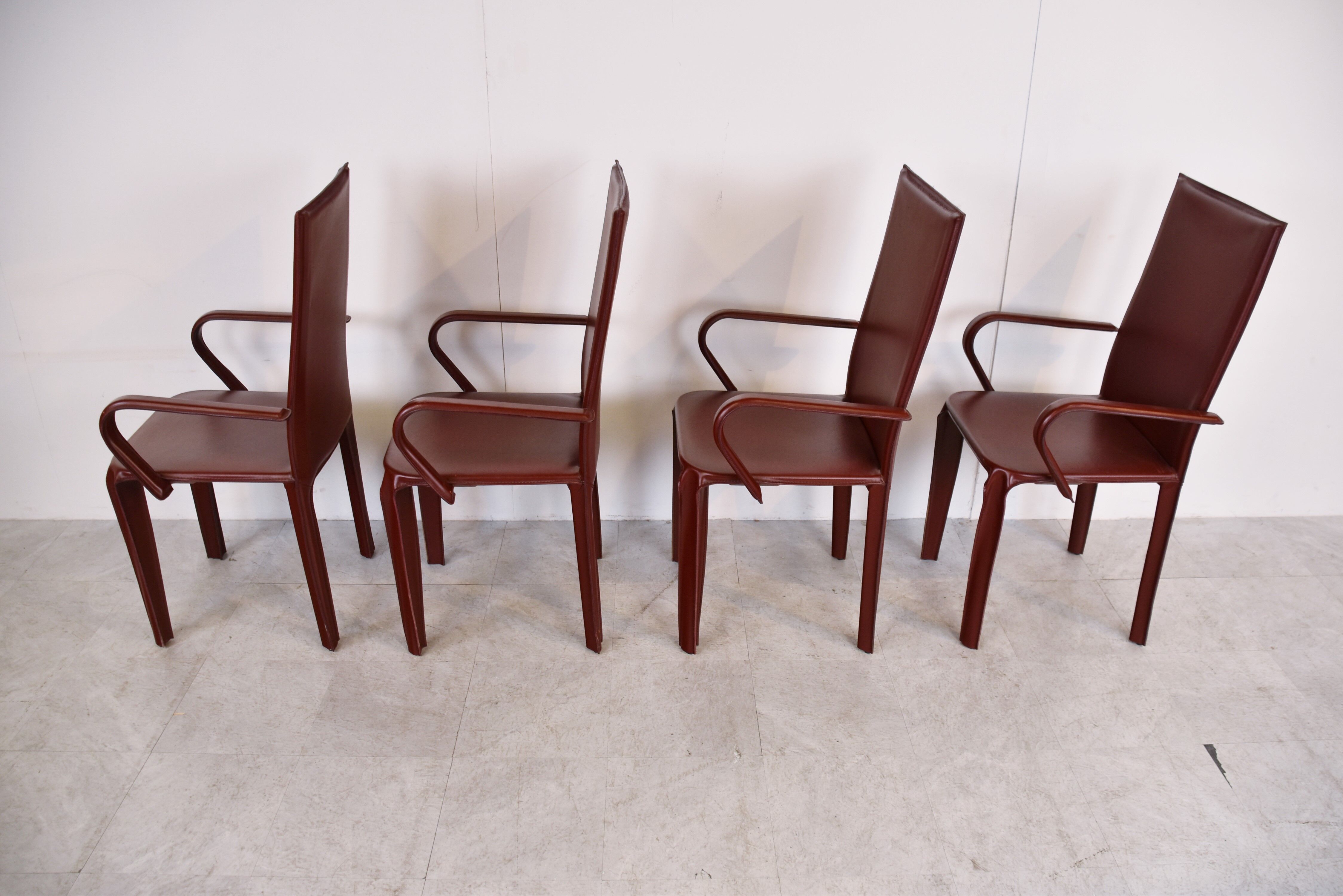 4 red leather dining chairs by Arper italy, 1980s
