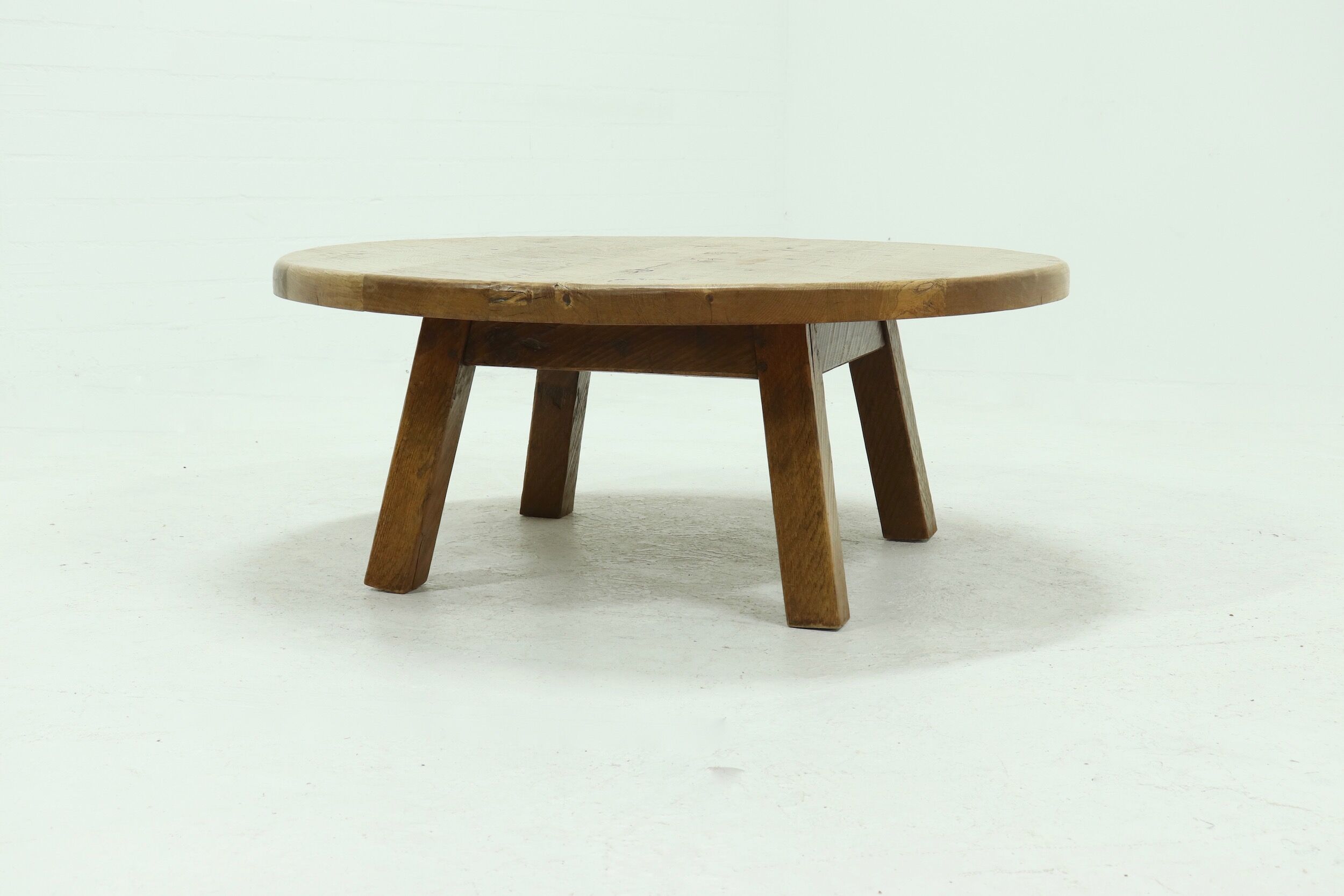 Brutalist Solid Oak Round Coffee Table 1970s