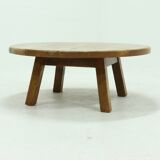 Brutalist Solid Oak Round Coffee Table 1970s
