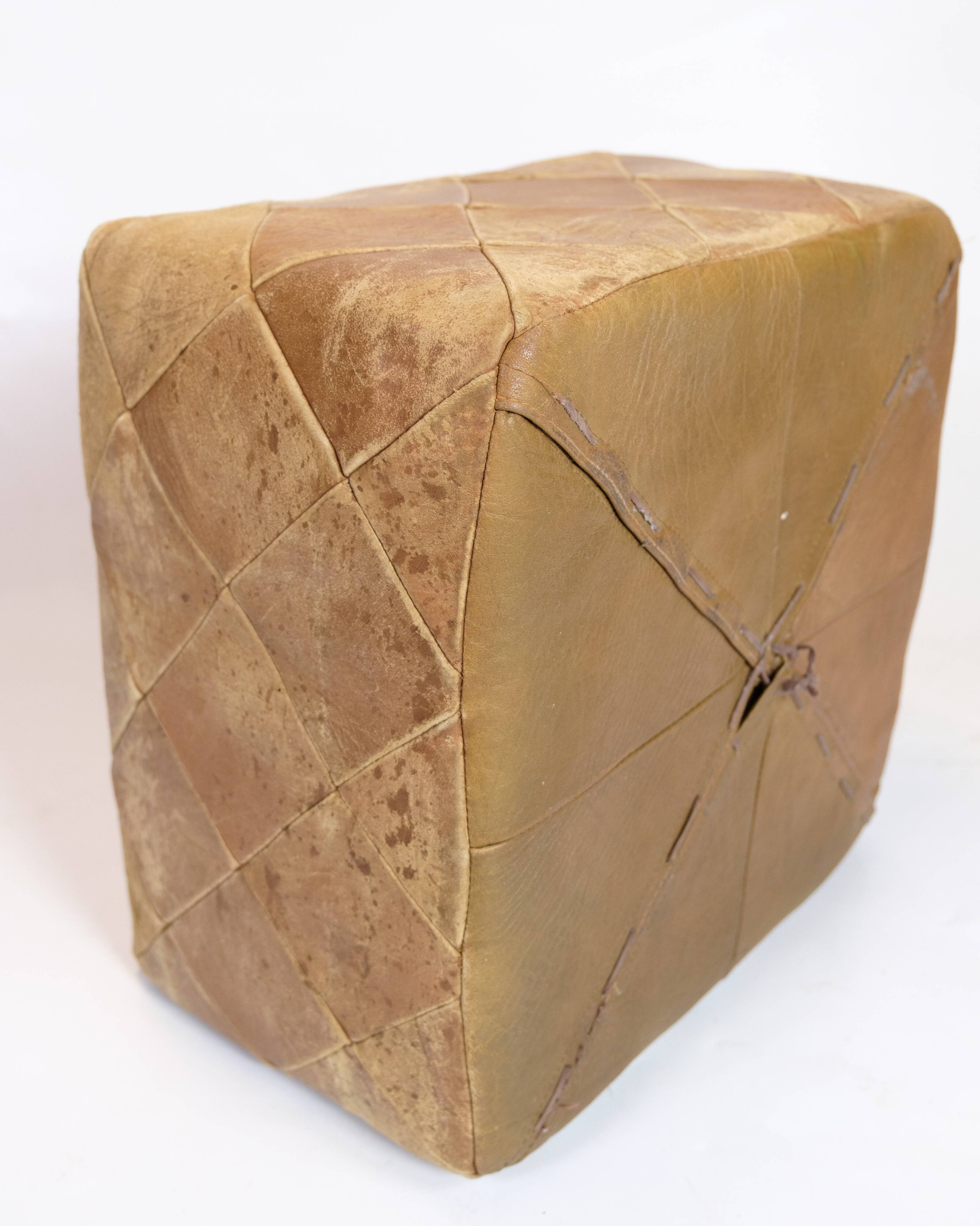 Vintage leather pouf - natural leather - natural patina - hand-sewn - square - 1970s