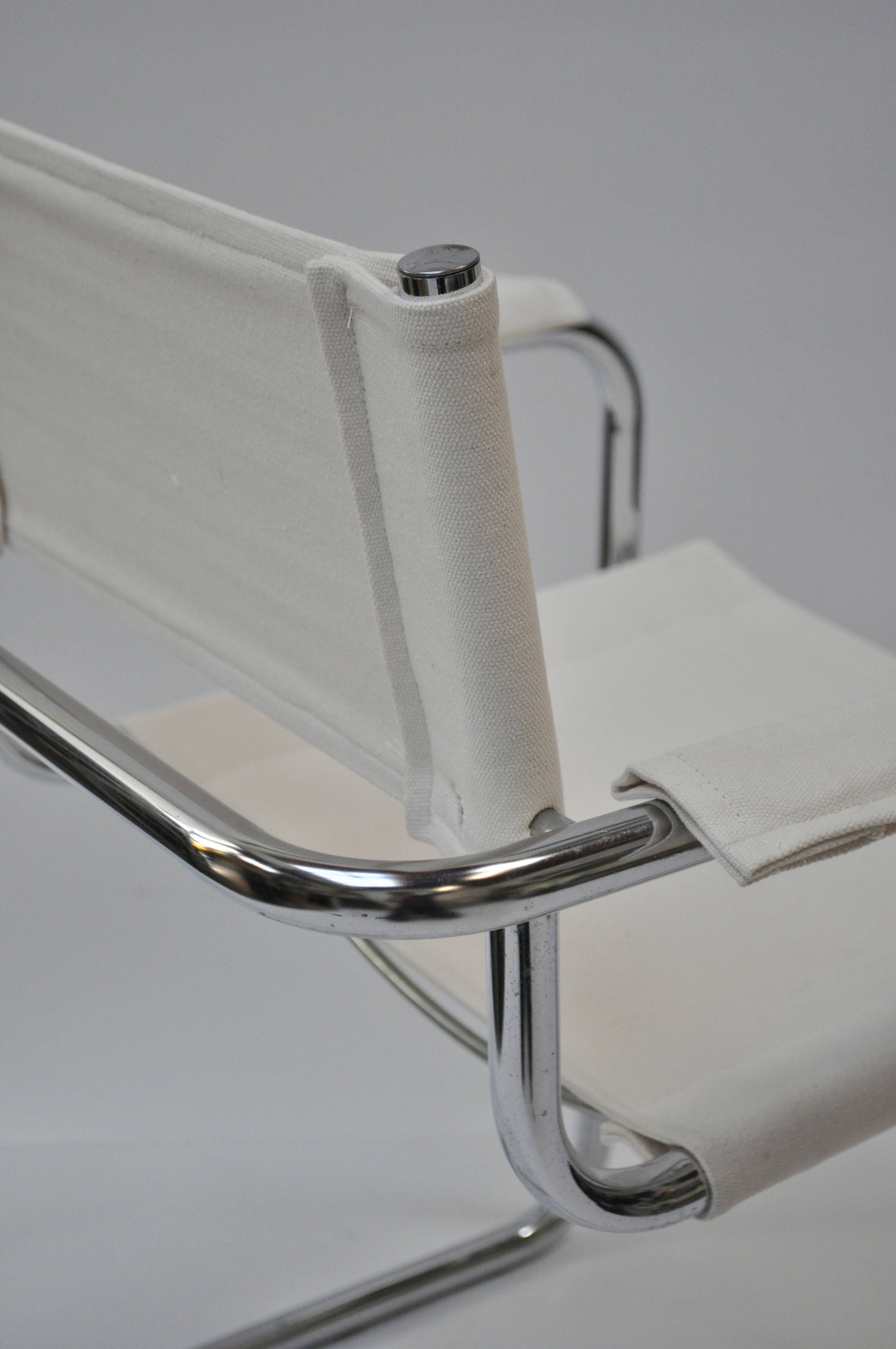 Set of 4 Chrome Sled-Base Chairs, Reupholstered in Italian Chioccarello Lin