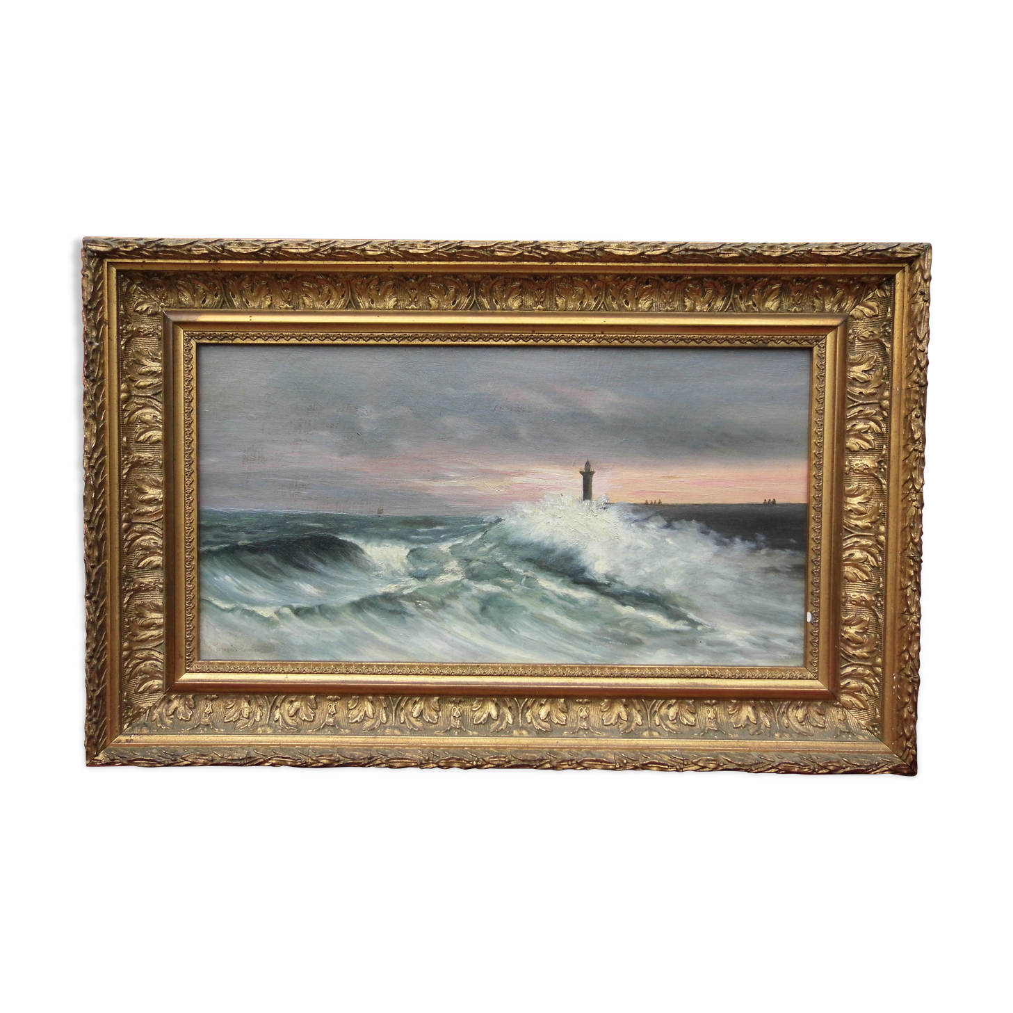 Sea painting "Marine, lighthouse in the storm, oil on canvas, late 19th century