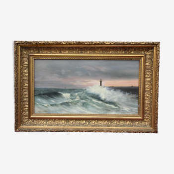Sea painting "Marine, lighthouse in the storm, oil on canvas, late 19th century