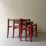 3 nesting stools in red wood e size, Italy 1970