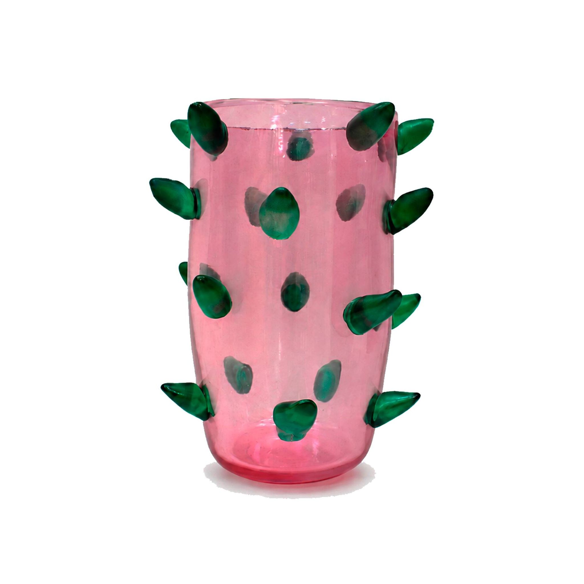 Two Pink and Green Murano Glass Art Deco Vases with Applied Spikes, 80s