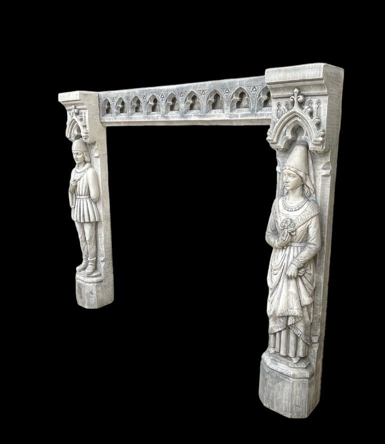 Neo-Gothic stone fireplace