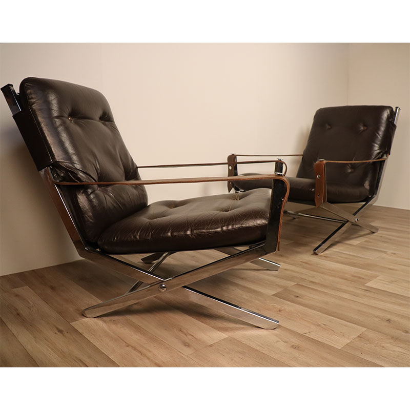 Pair of leather and chrome metal armchairs 1970