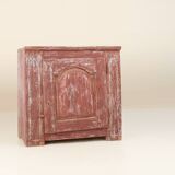 Rustic Parisian cabinet in pine wood with old burgundy paint layers, ca. 18