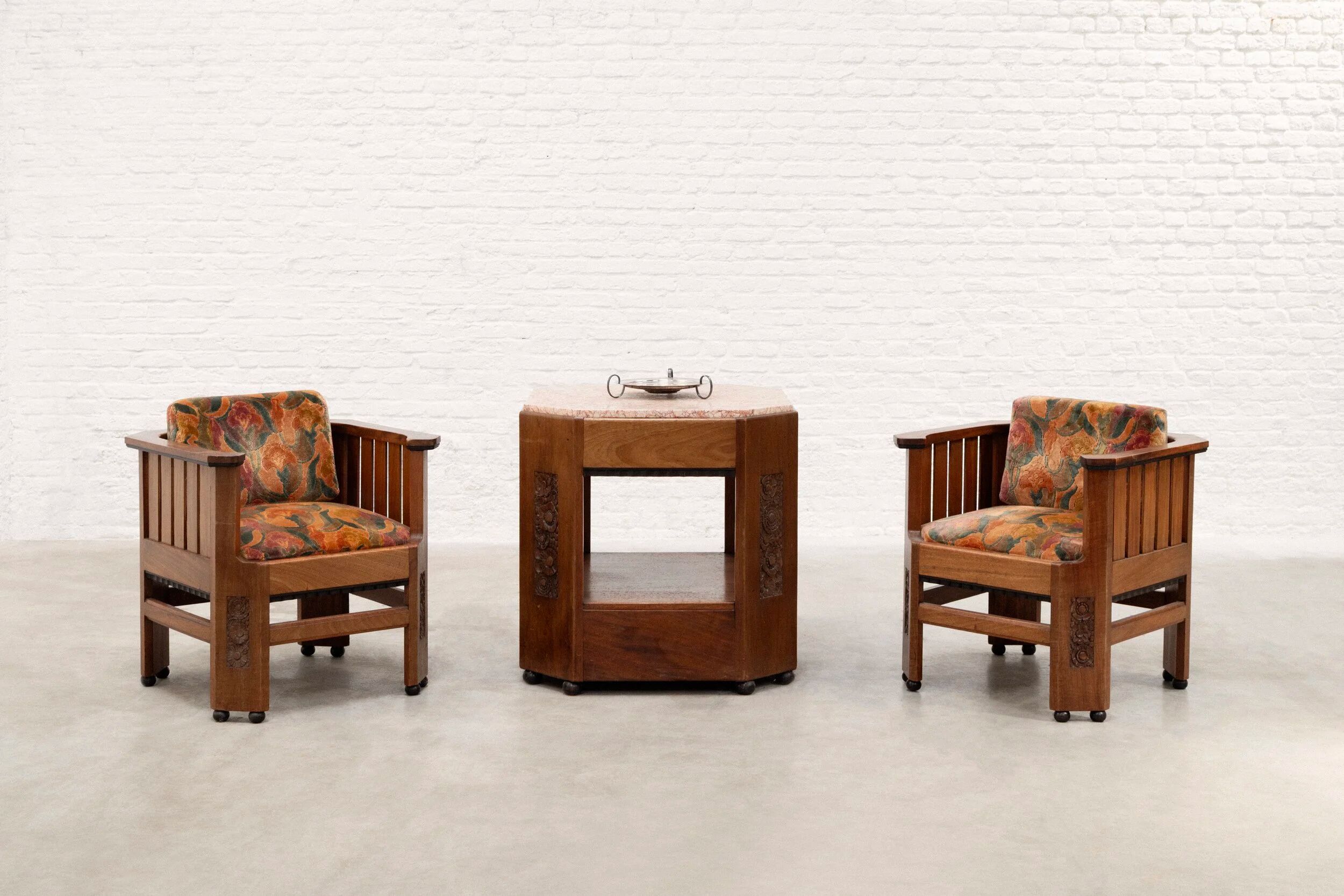 Pair of Amsterdam School walnut armchairs, Netherlands, c. 1930