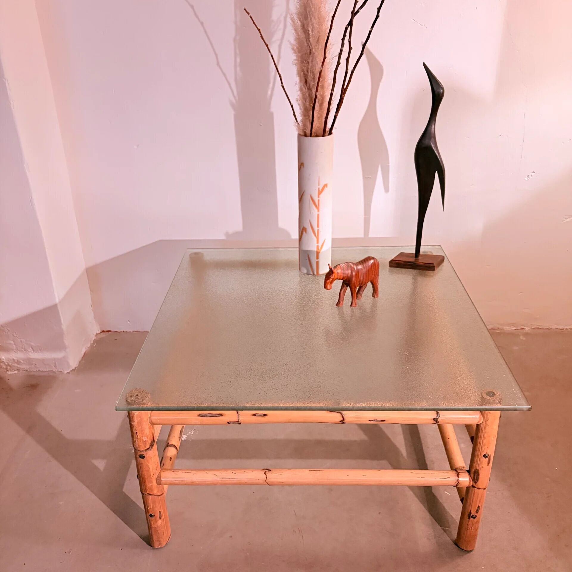 Vintage bamboo coffee table with glass top, 1970s, Brazil