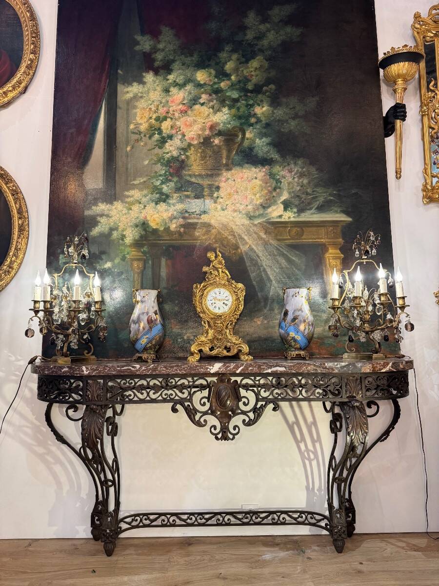 Console en fer forgé d’époque Napoléon III dessus de marbre rouge de Rance