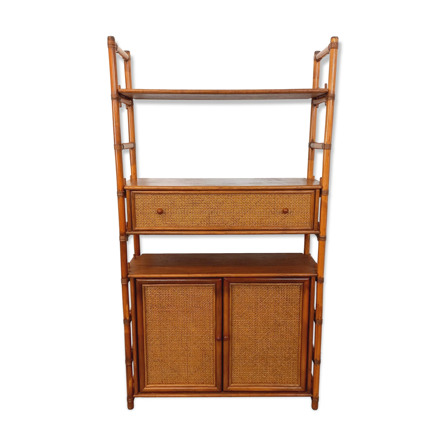 Large vintage rattan, wood and cane bookcase from the 70s