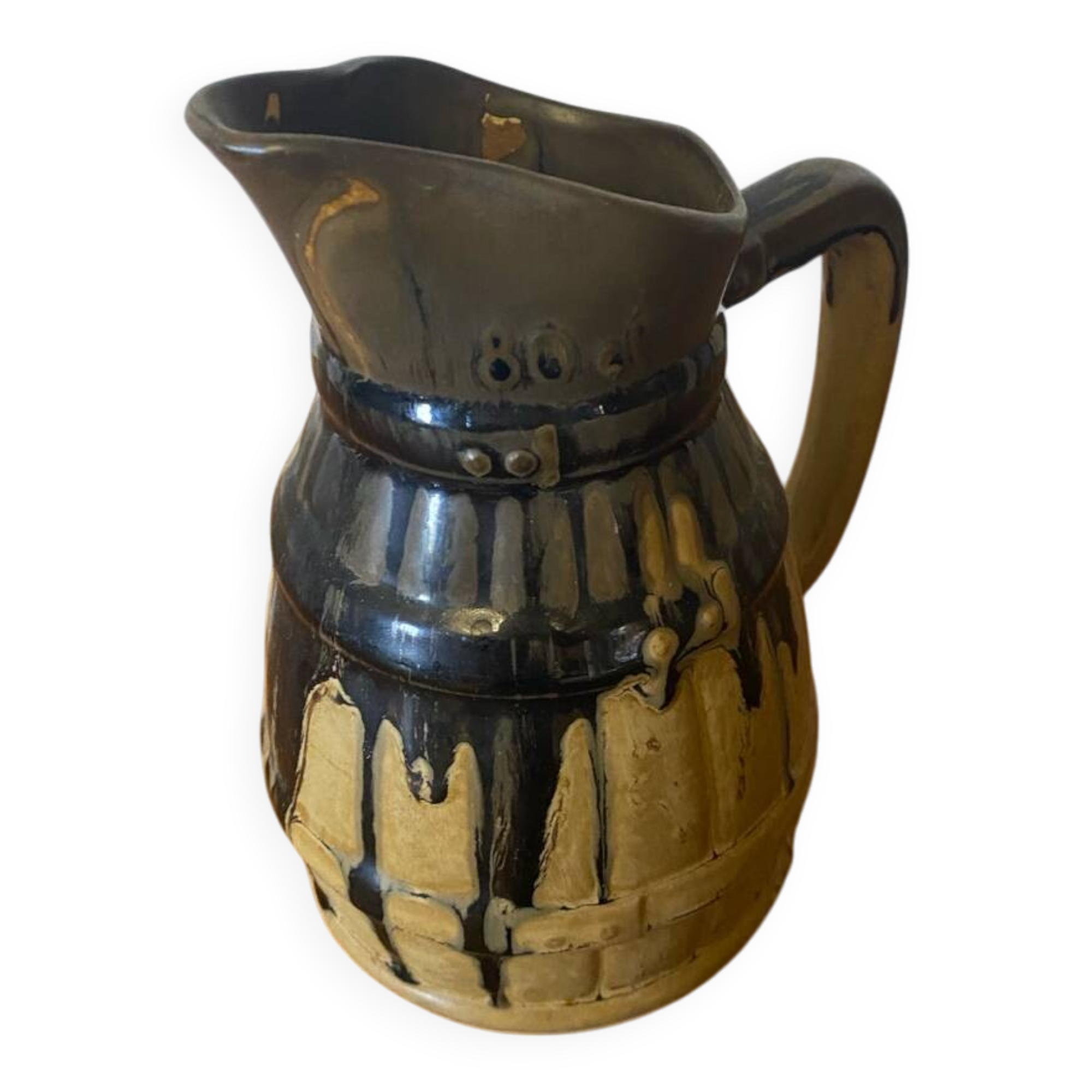 Antique Barrel-Shaped Pitcher, Beige & Blue Glazed Stoneware, 80cl, Service Vi