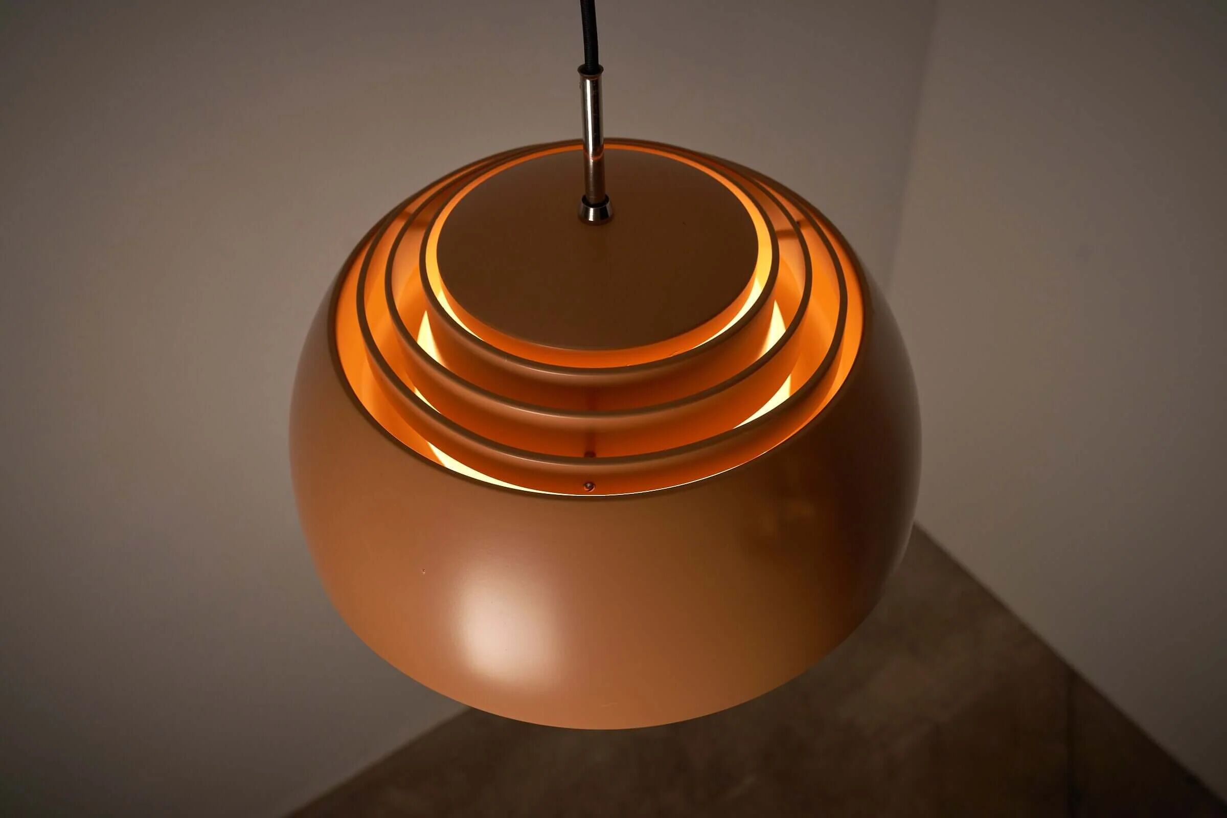 Pendant lamp by B+L Leuchten, orange dome shade and opal glass diffuser