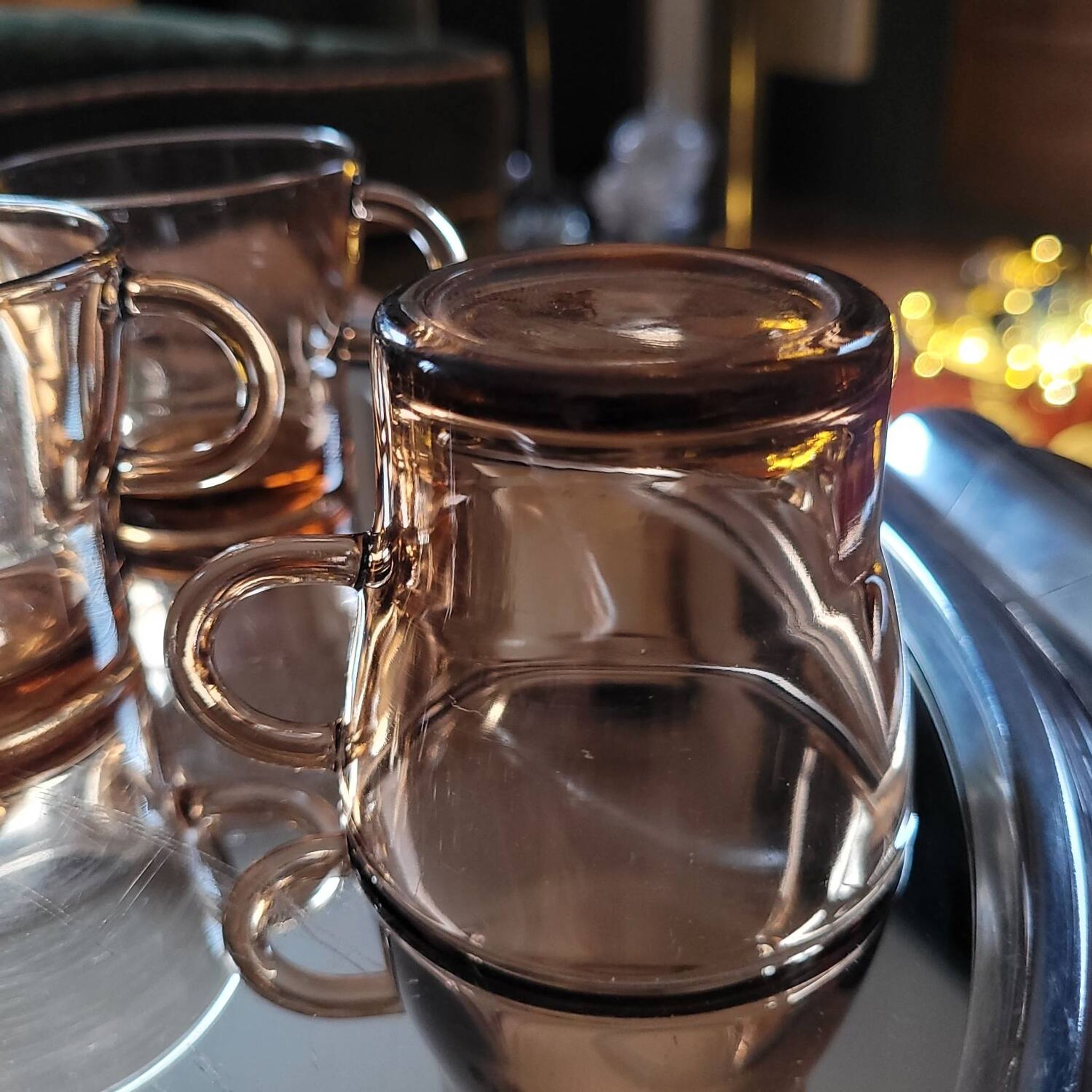 Set of 7 vintage smoked glass coffee cups - 1970s-80s