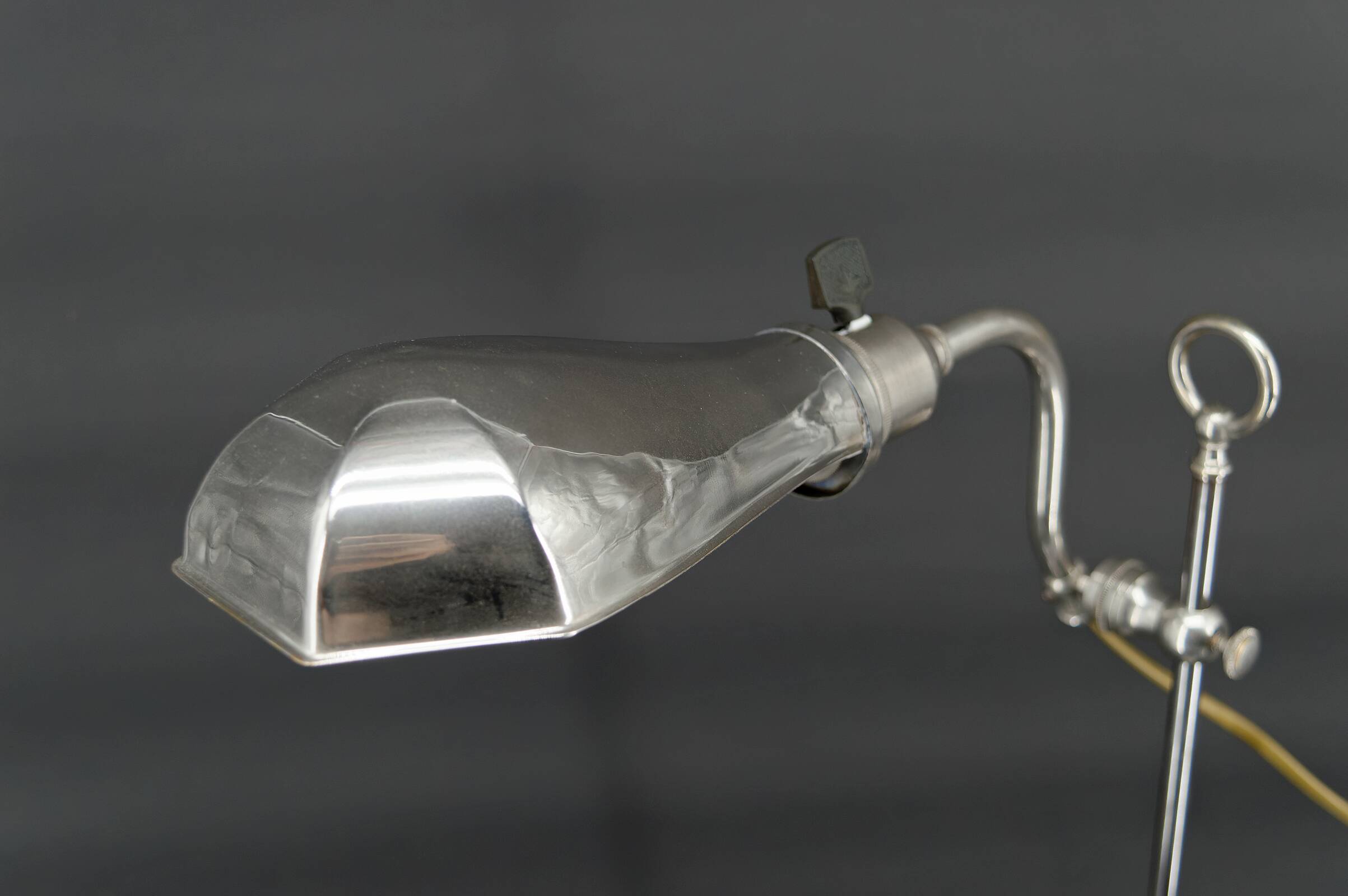 Workshop lamp in aluminum and nickel, adjustable with raise-lower system, France, circa 1900