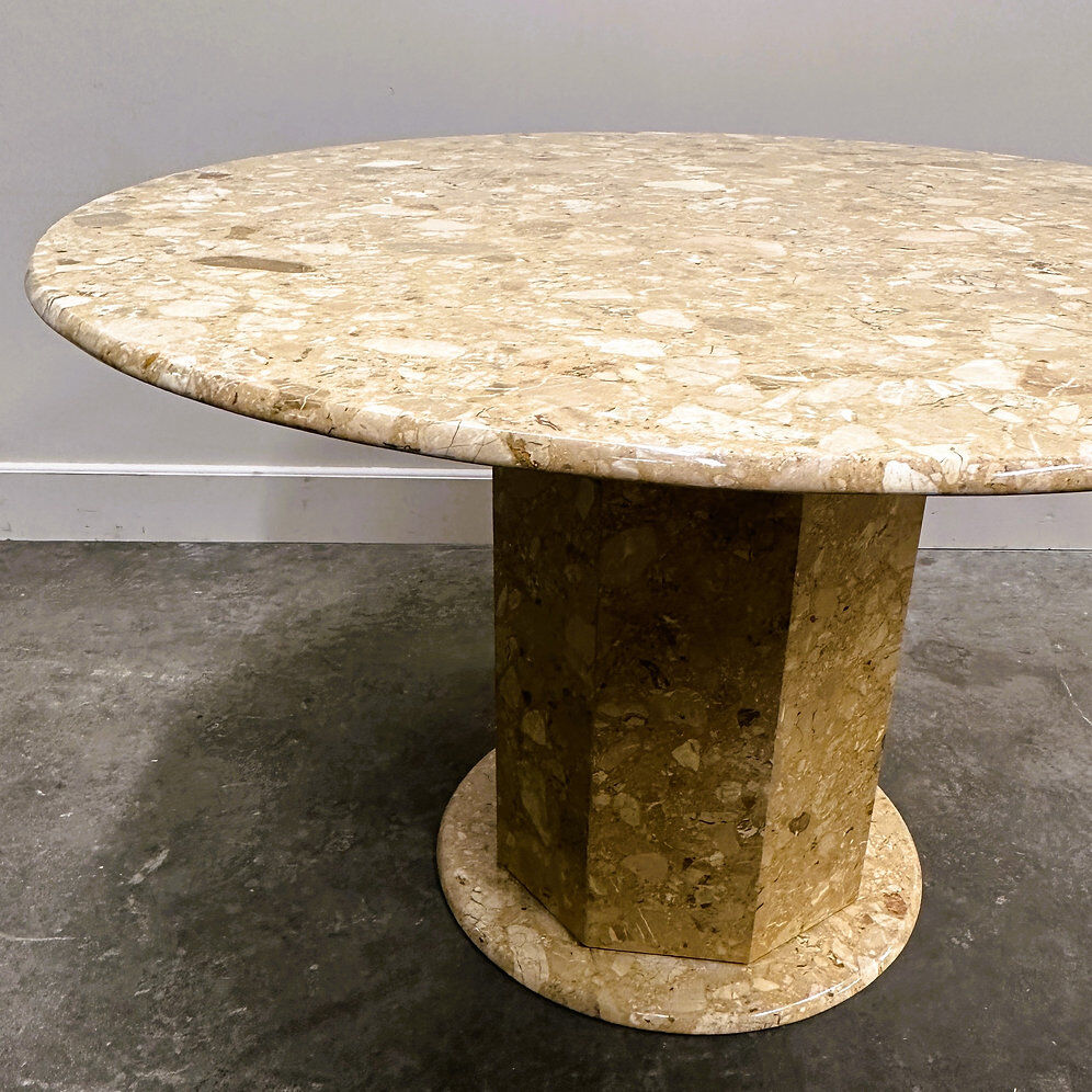 Round breccia marble pedestal table | 1980s vintage stone dining table | Postmodern