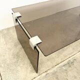Table basse minimaliste 70s – verre bronze & alu
