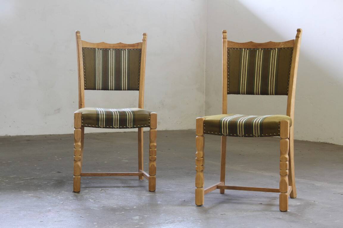 Vintage 1960s, brutalist Danish modern oak dining chairs by Henning Kjærnulf