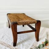 Small bench stool footrest in wood and vintage straw