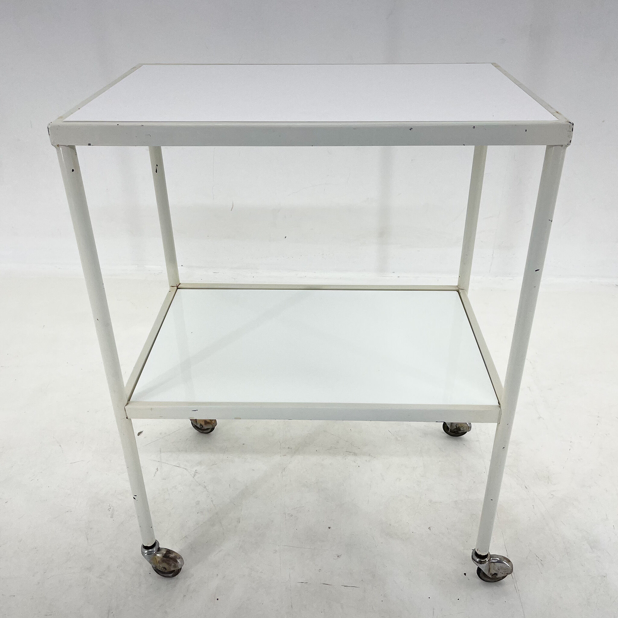 1950's hospital table, trolley on wheels with opaxite glass