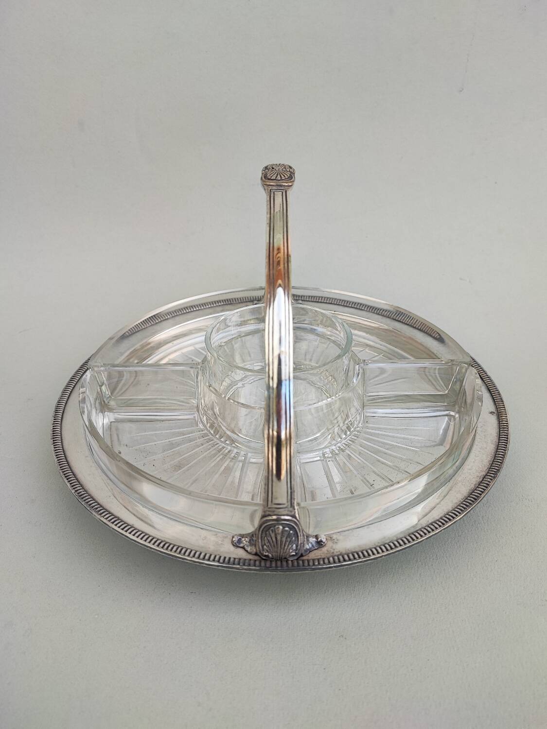 Silver plate and glass crudité serving dish