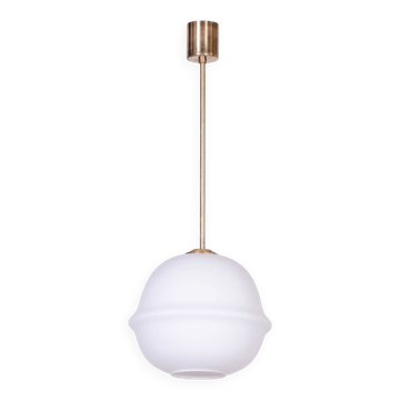 Mid-Century Modern Pendant Light in Brass and Opaline Glass from Kamenický Šenov, 1960s