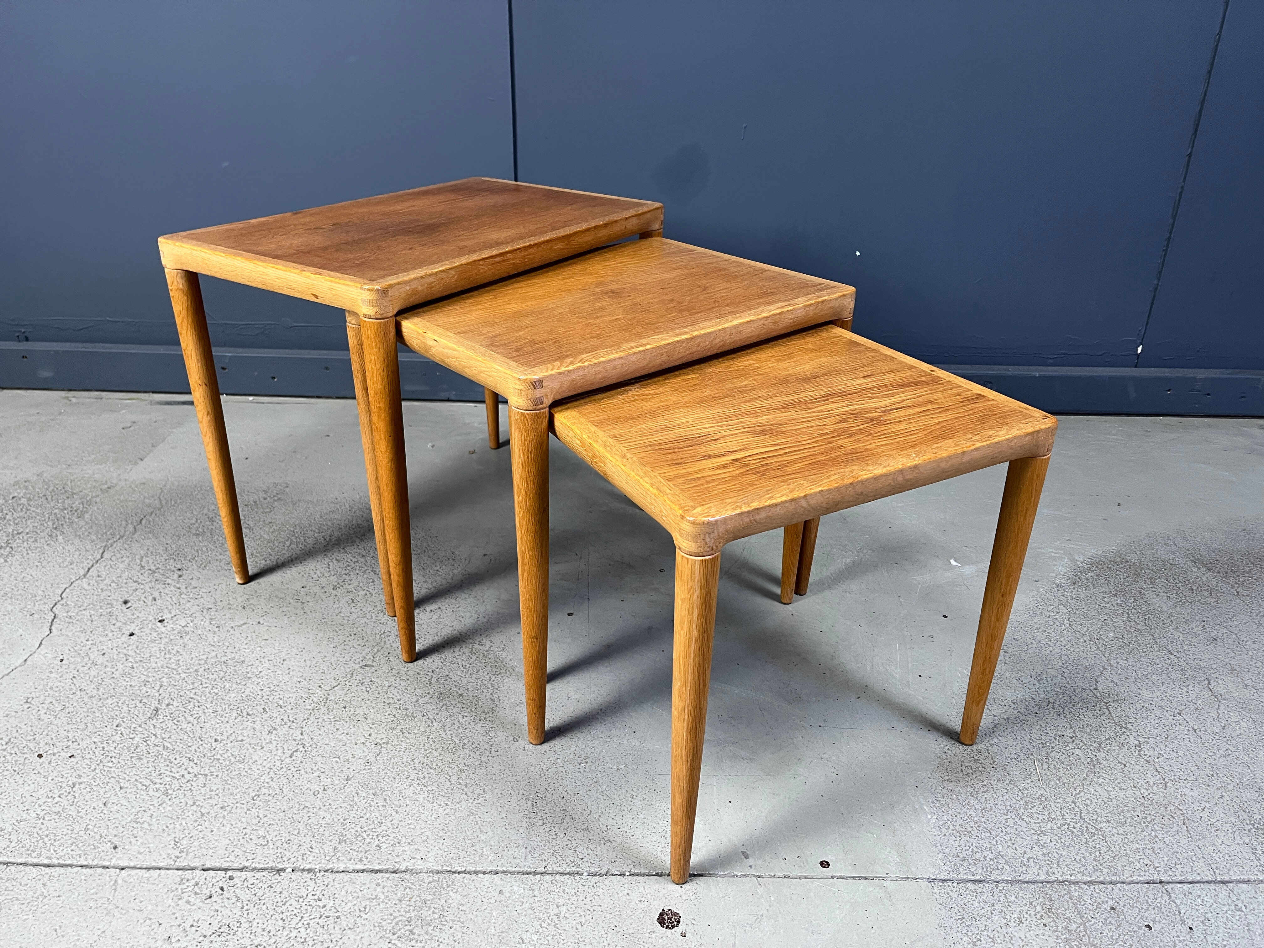 H.W. Klein. Bramin, three set tables/side tables, oak, 1960s, Denmark