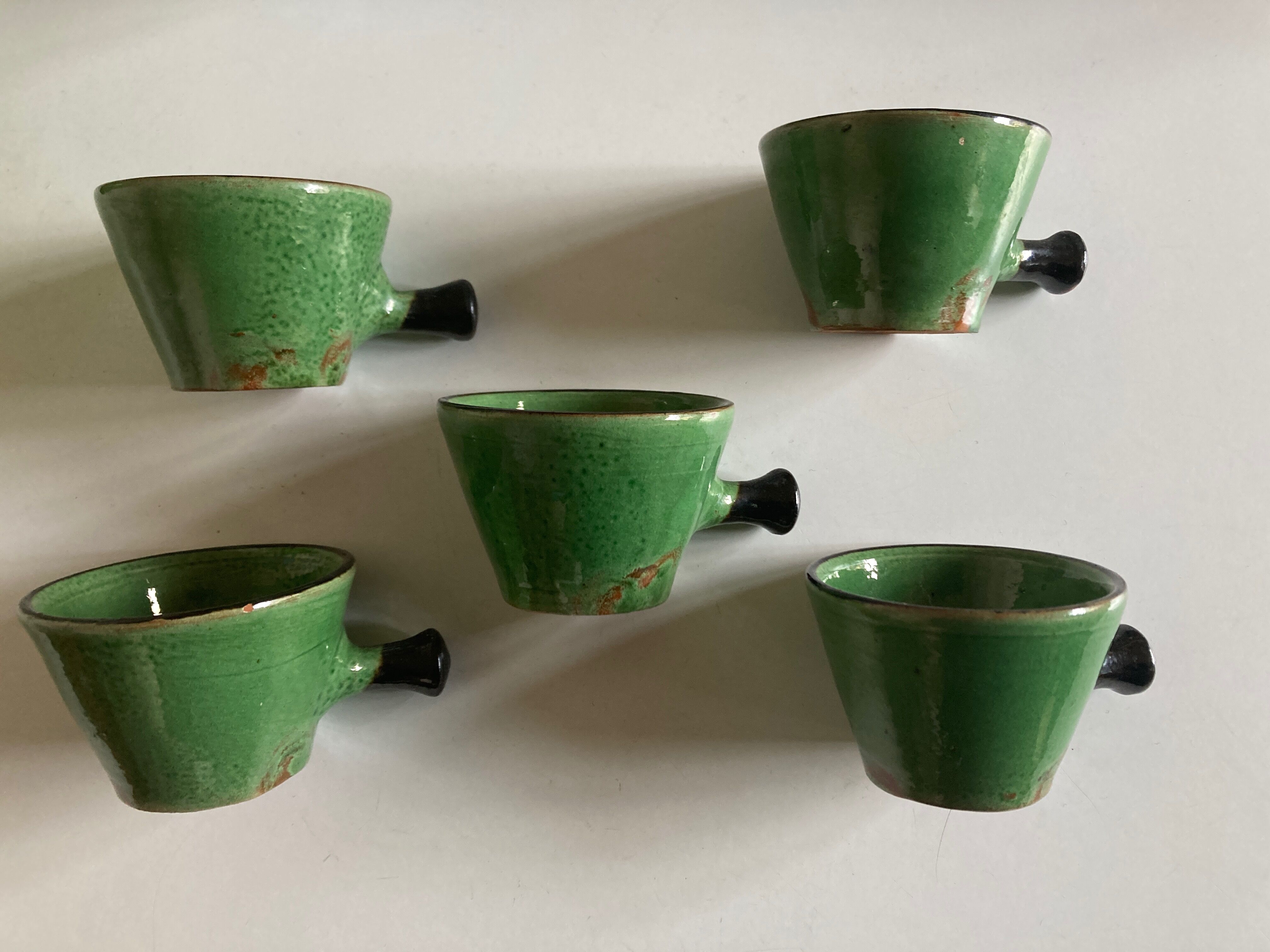 Set of 5 cups in green glazed clay Dieulefit 1960