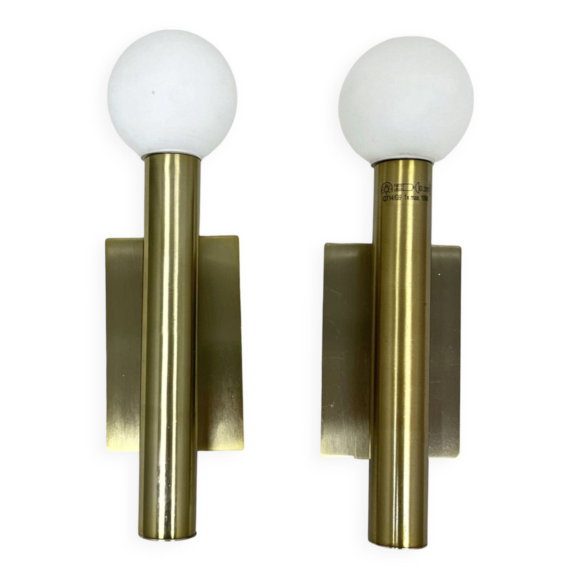Pair of Lucky Brilliant wall sconces, brass and white globes, Art Deco styl