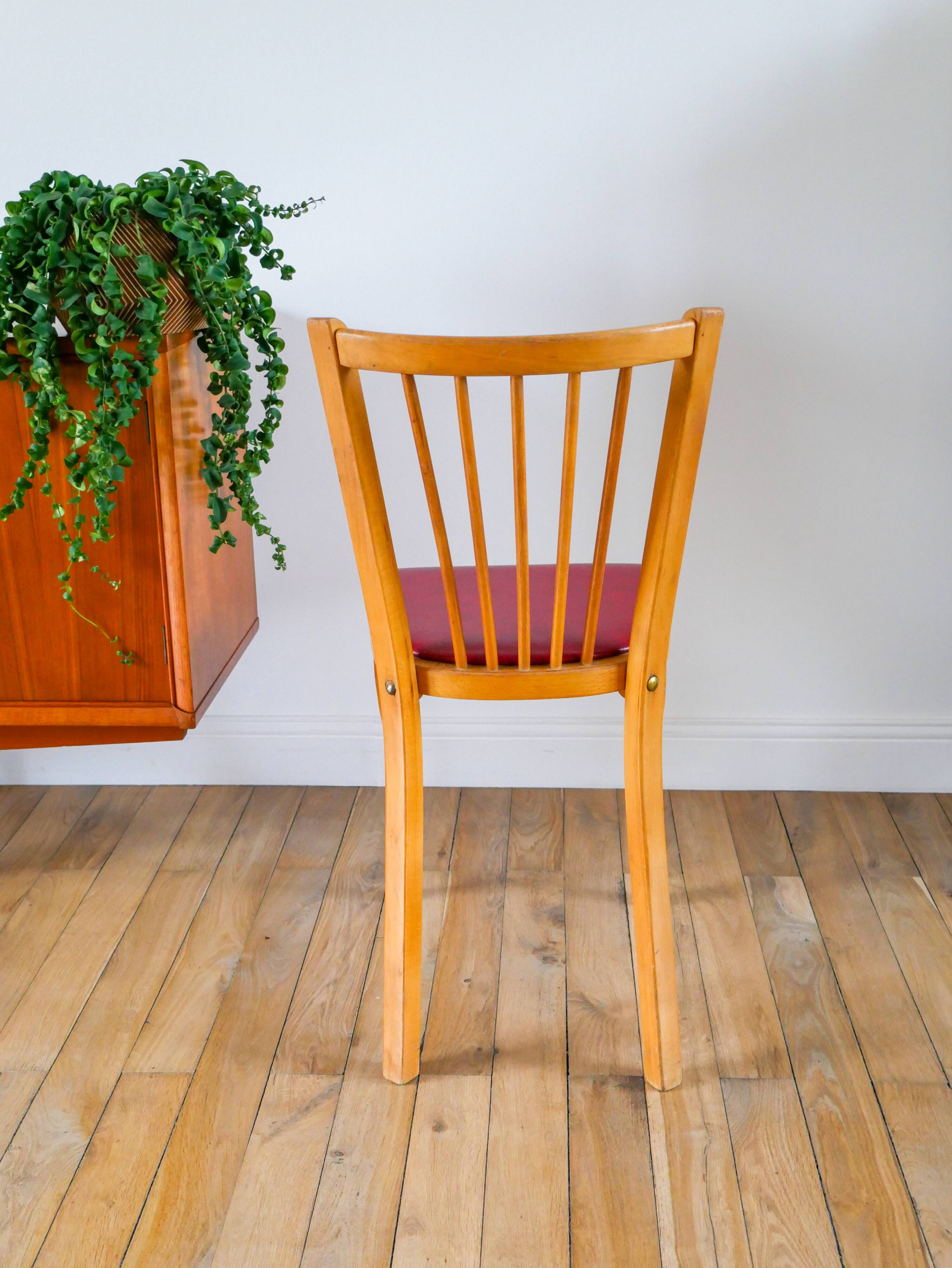 Baumann bistro chair in blond oak and red leatherette, 1950