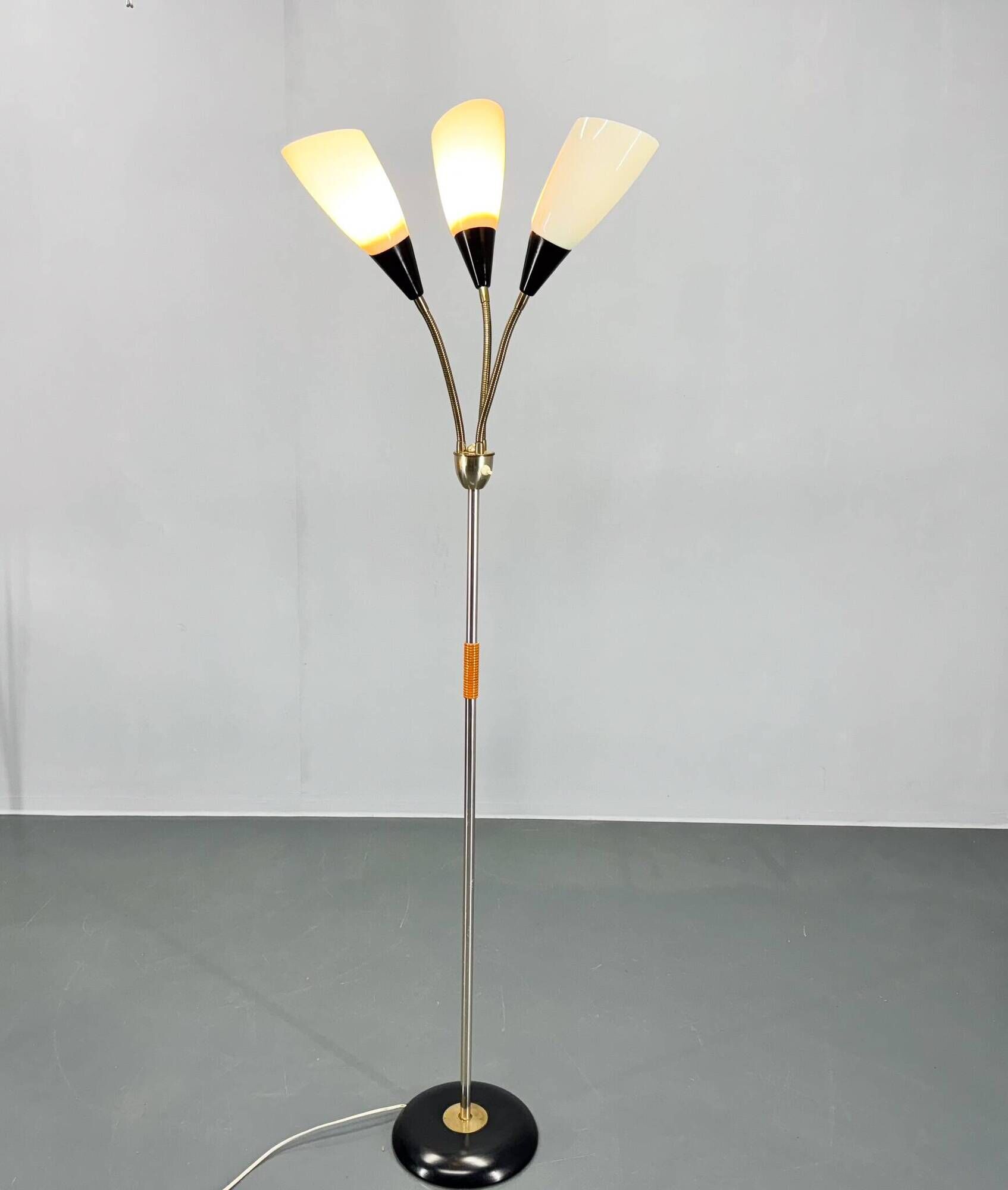 1950s Brass & Glass Adjustable Floor Lamp with Wooden Detail