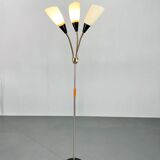 1950s Brass & Glass Adjustable Floor Lamp with Wooden Detail